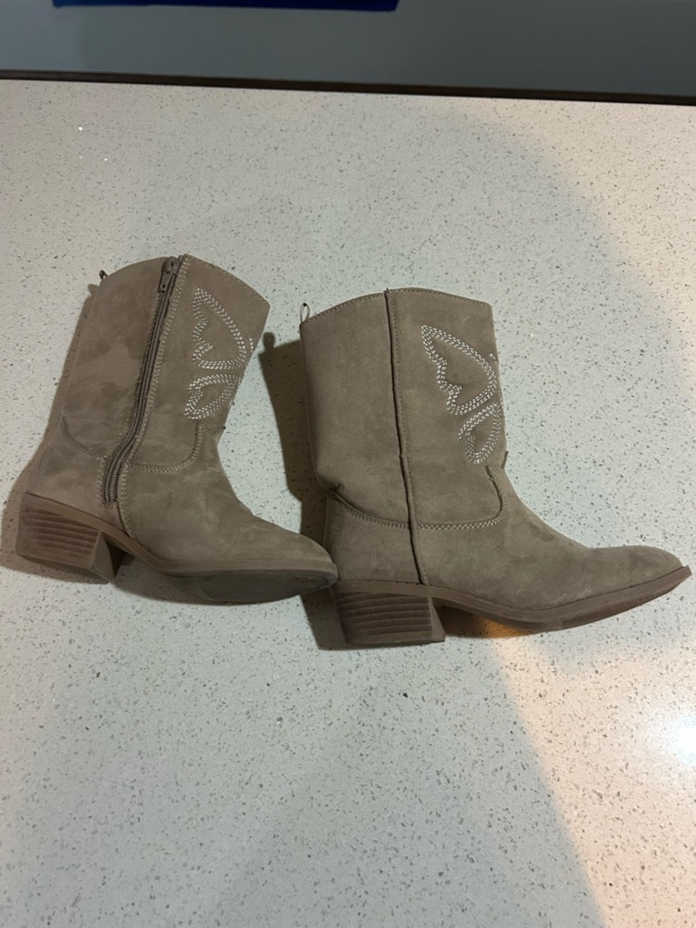 Kids  Taupe Suede Mid-Calf Heeled Western Booties